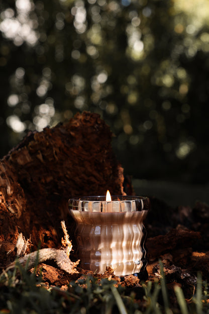 The Willow candle is lit in a wooden setting.